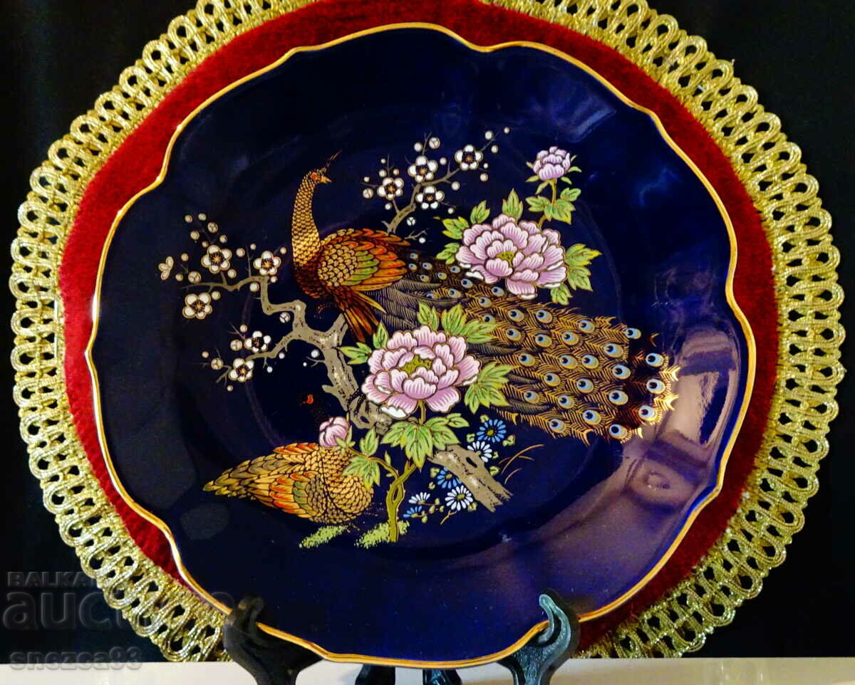 Wall plate, gold, cobalt, peacocks, flowers.