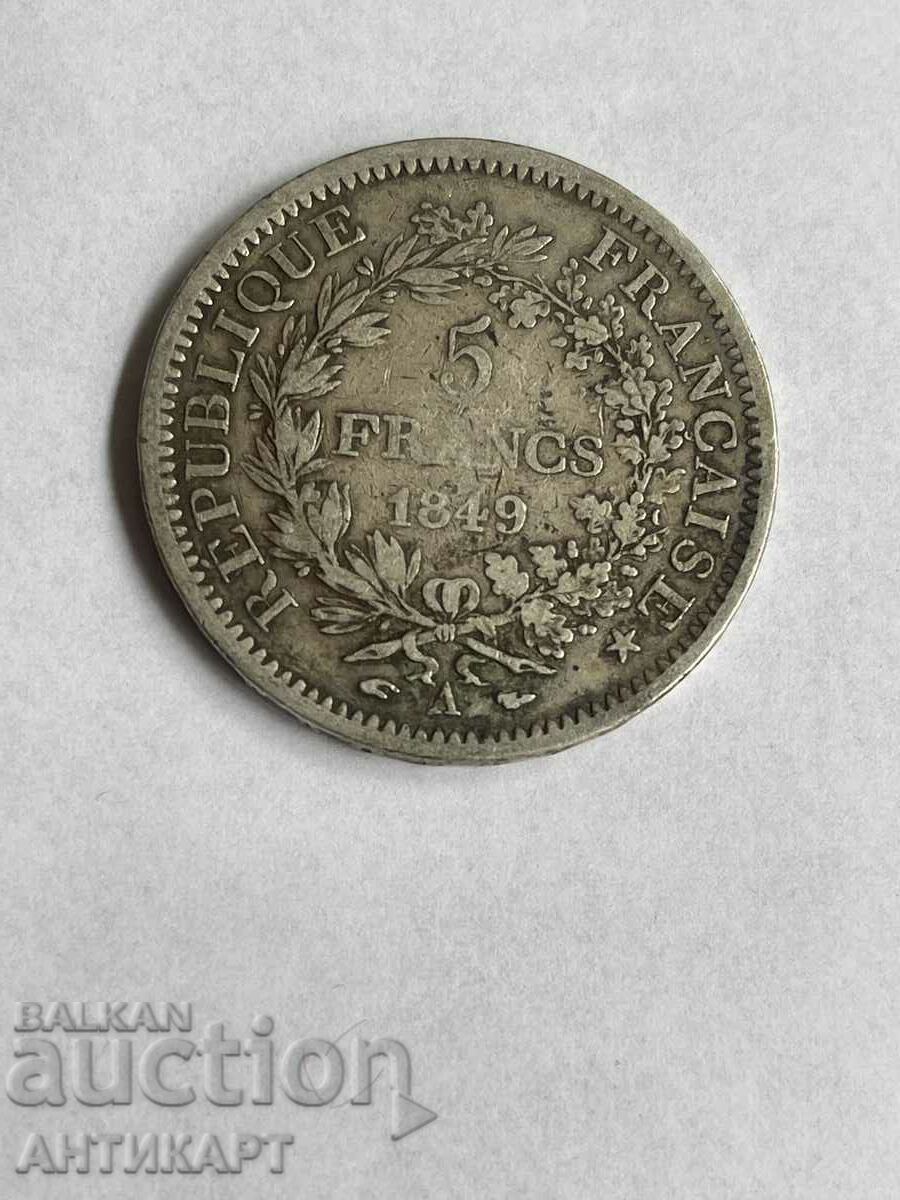 silver coin 5 francs France 1849 silver