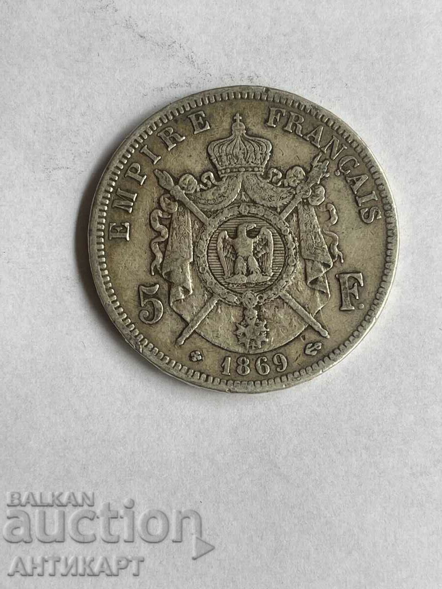 Moneda de argint #4 5 franci Franța 1869 Argint