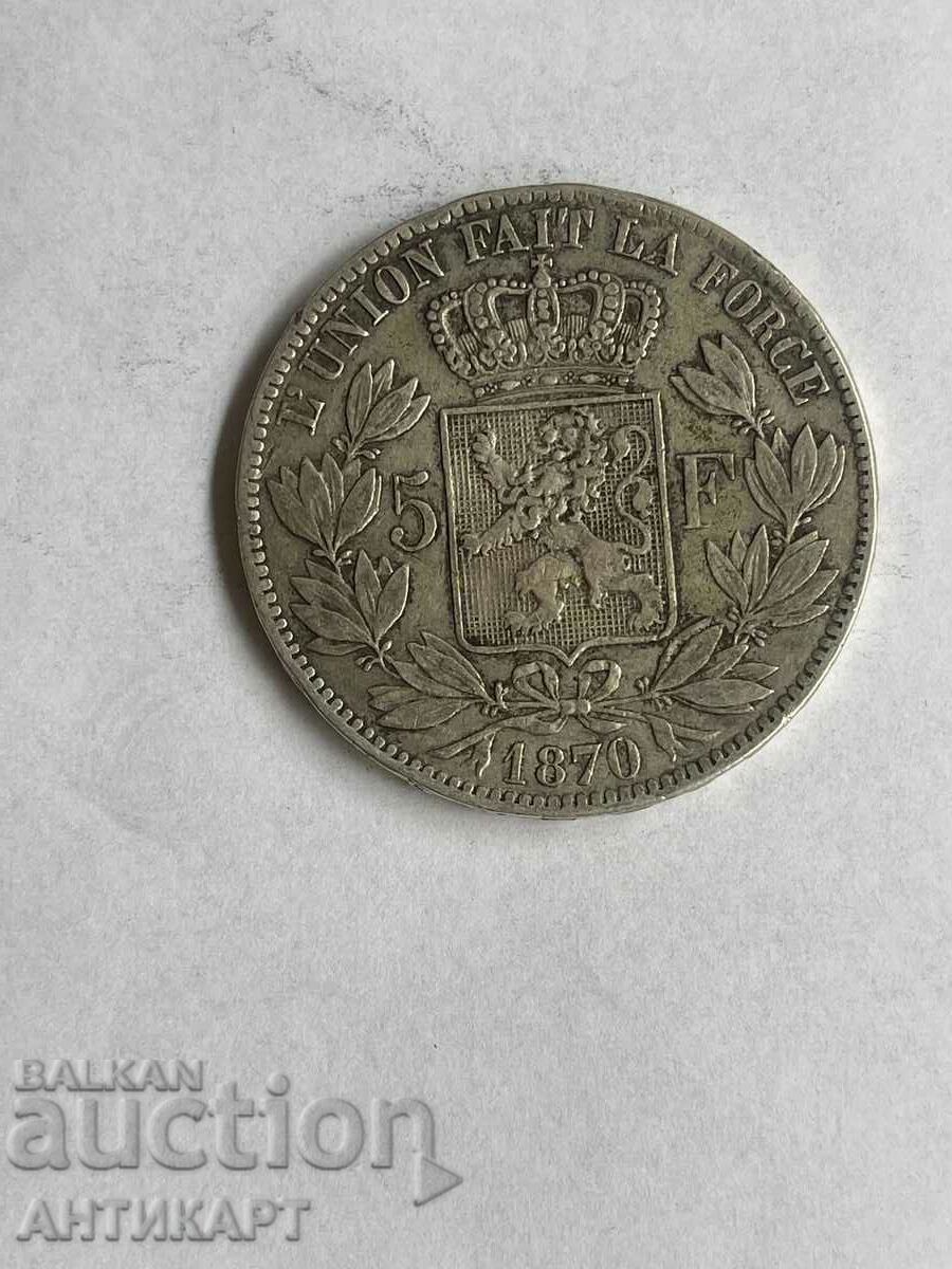 monedă de argint 5 franci Belgia 1870 argint