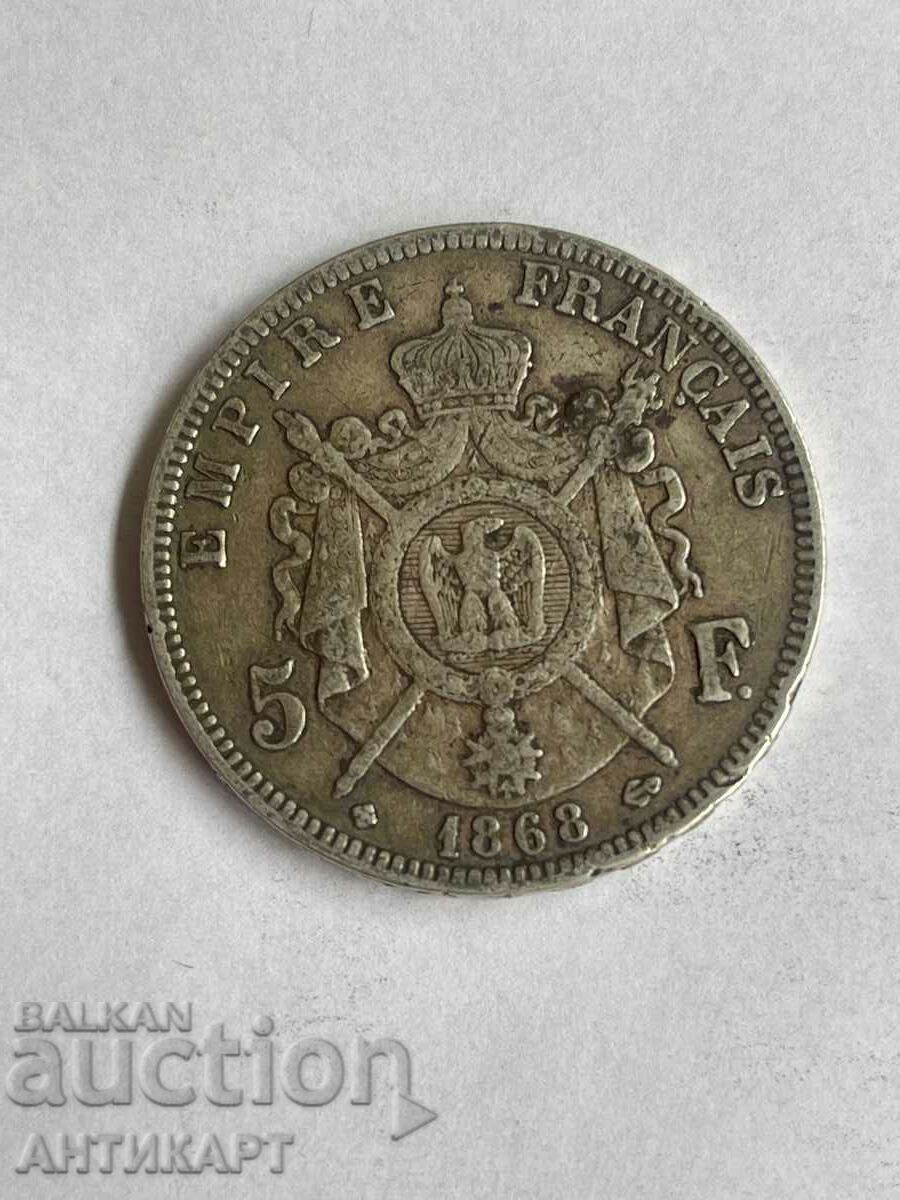 silver coin 5 francs France 1868 silver