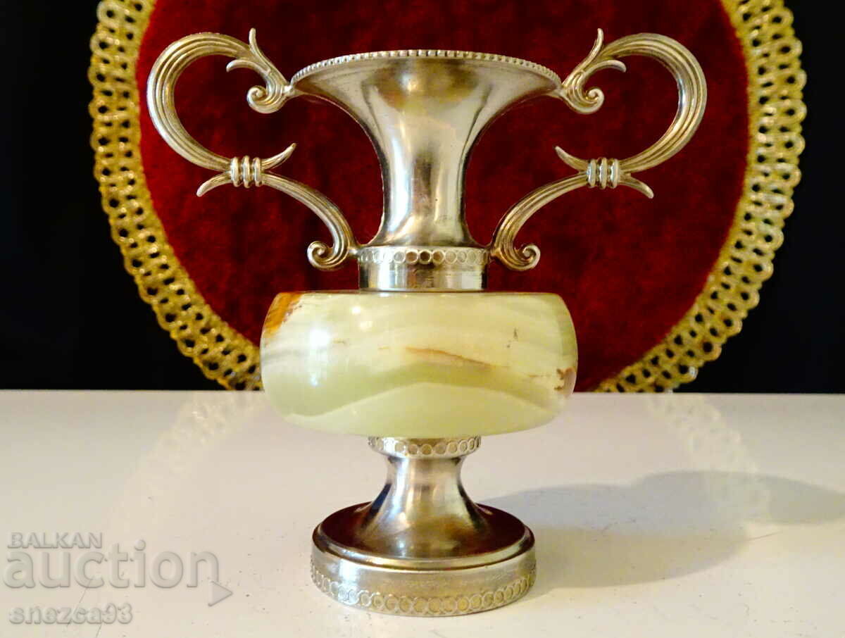 Silver plated onyx vase. Silver plated onyx vase.