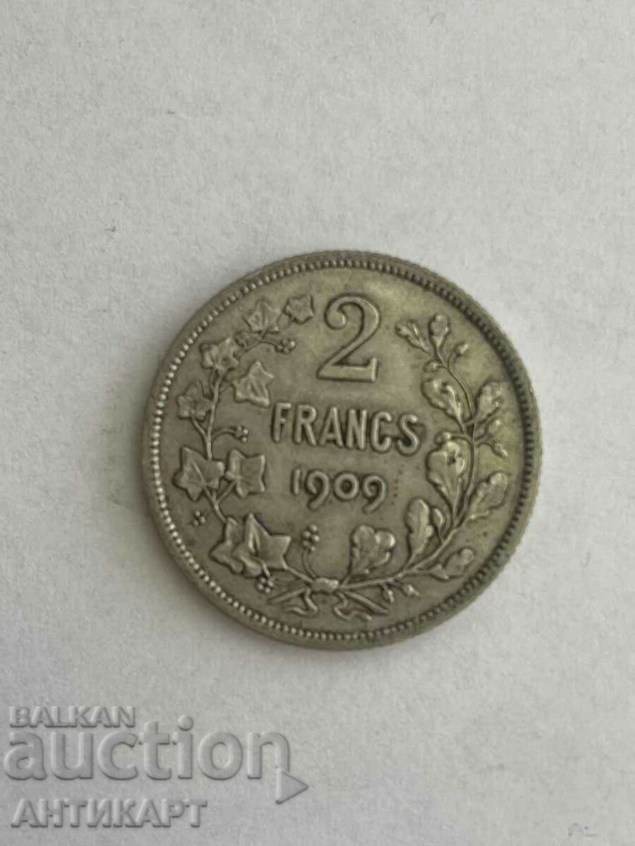 silver coin 2 francs Belgium 1909 silver