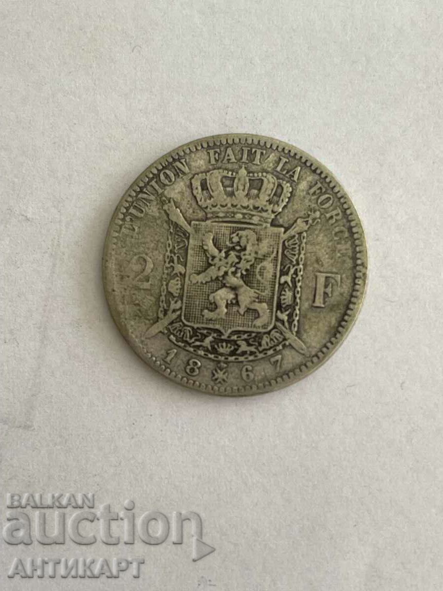 silver coin 2 francs Belgium 1867 silver