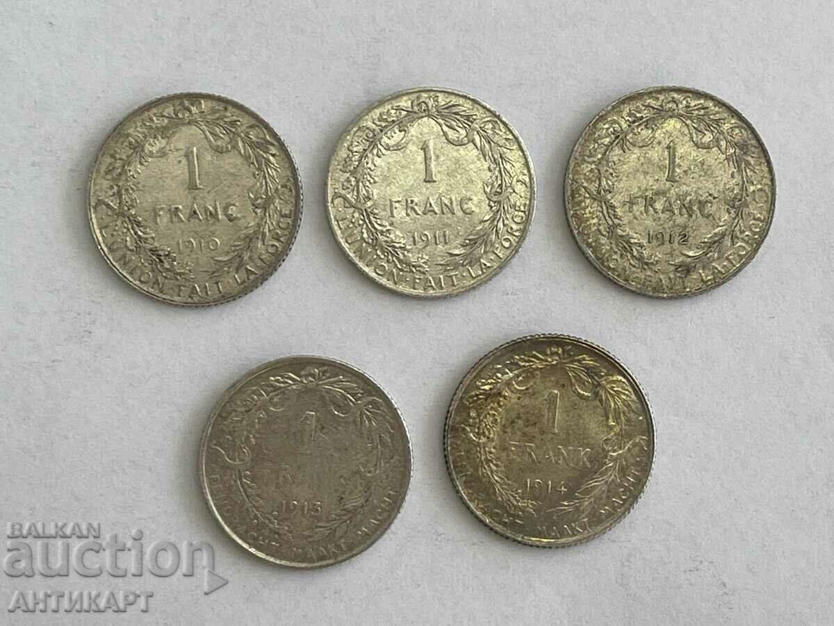 5 buc. monedă de argint 1 franc Belgia 1910,11,12,13,14 argint