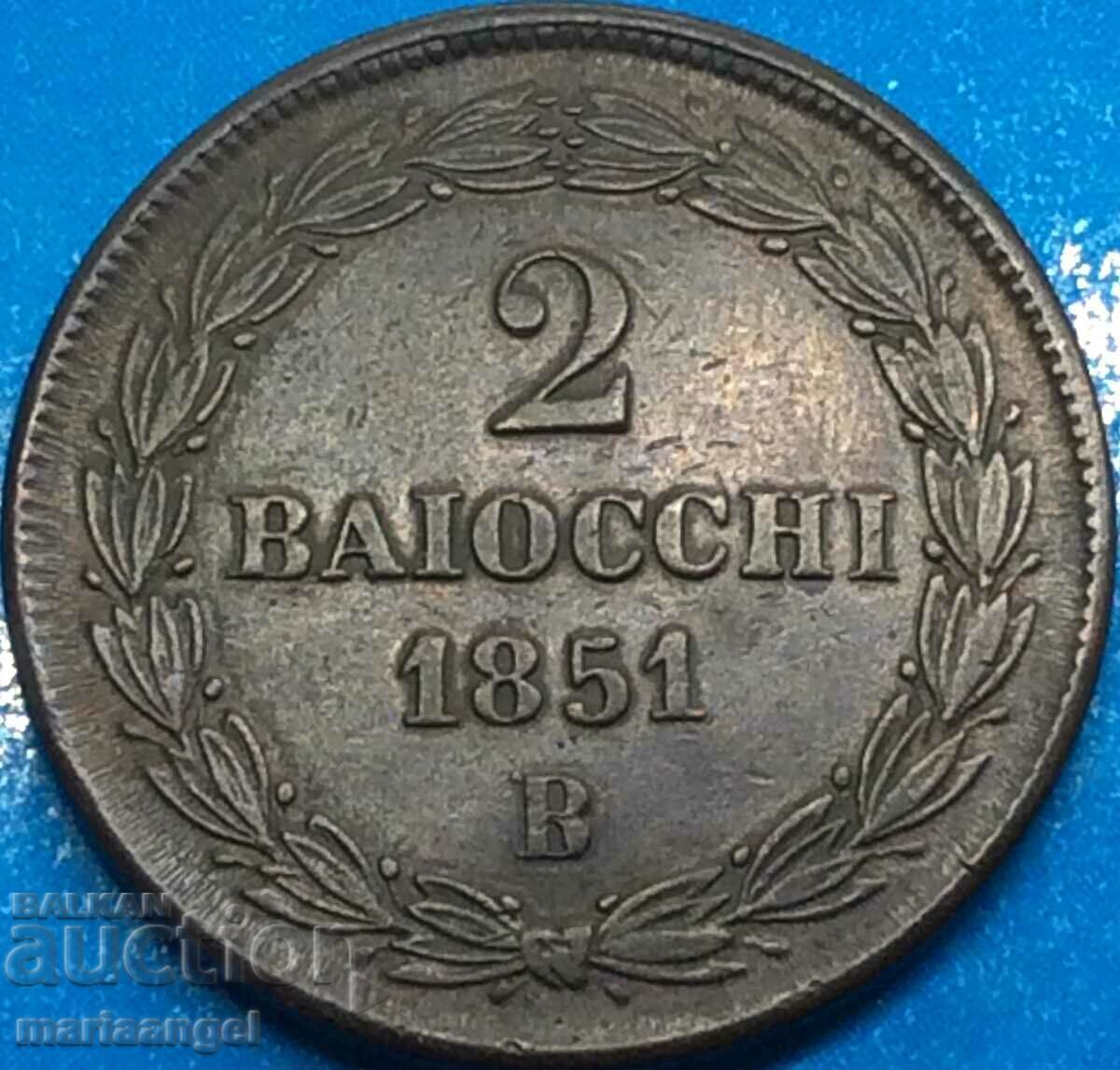 2 baiochi 1851 B - Bologna Vatican Pius IX 35 mm bronze