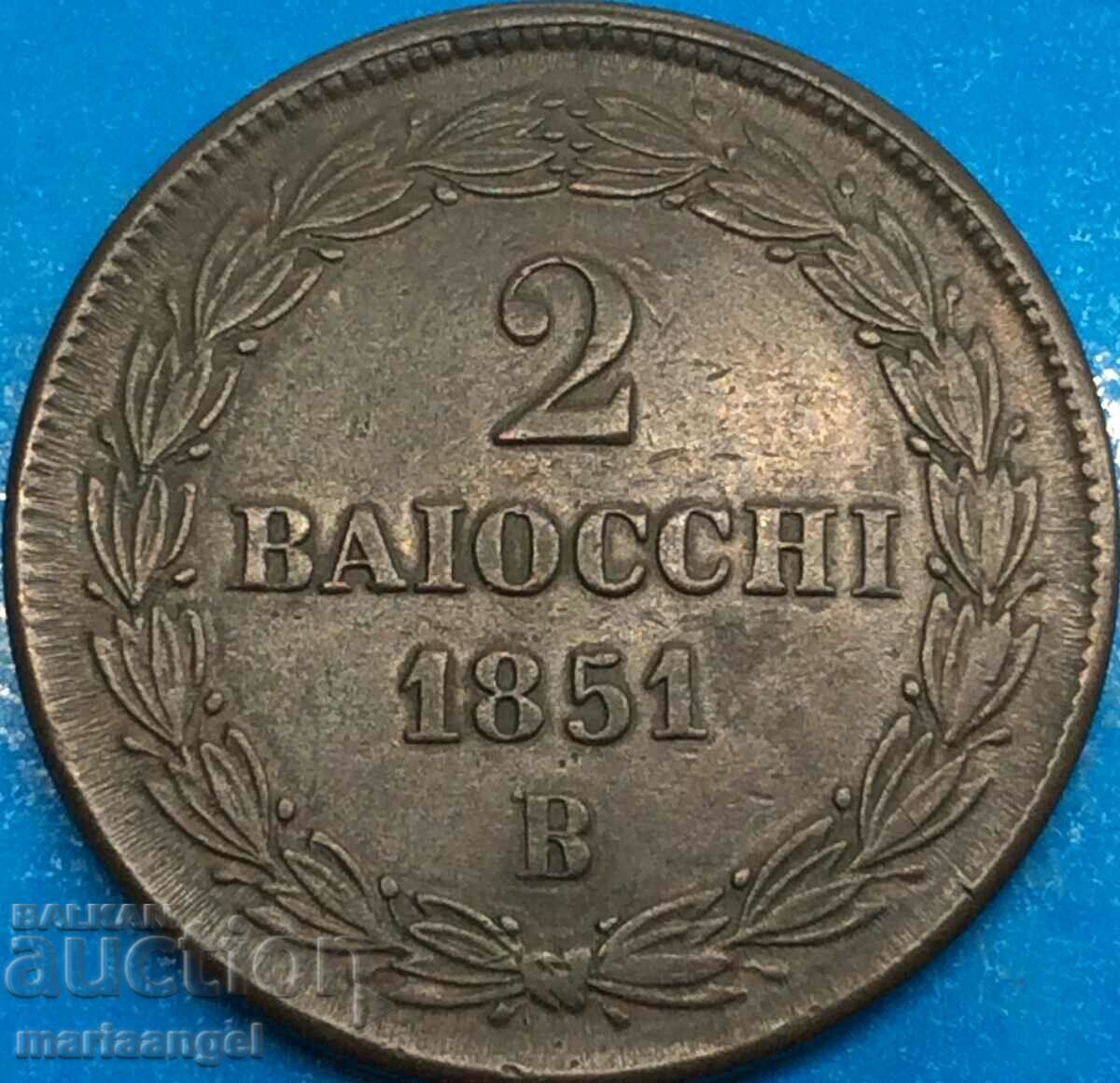 2 байочи 1851 В - Болоня Ватикан Пий IX 35 мм бронз