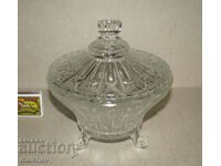 Old glass candy jar 16 cm with lid and 3 legs, excellent