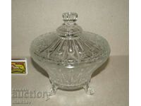 Old glass candy jar 16 cm with lid and 3 legs, excellent