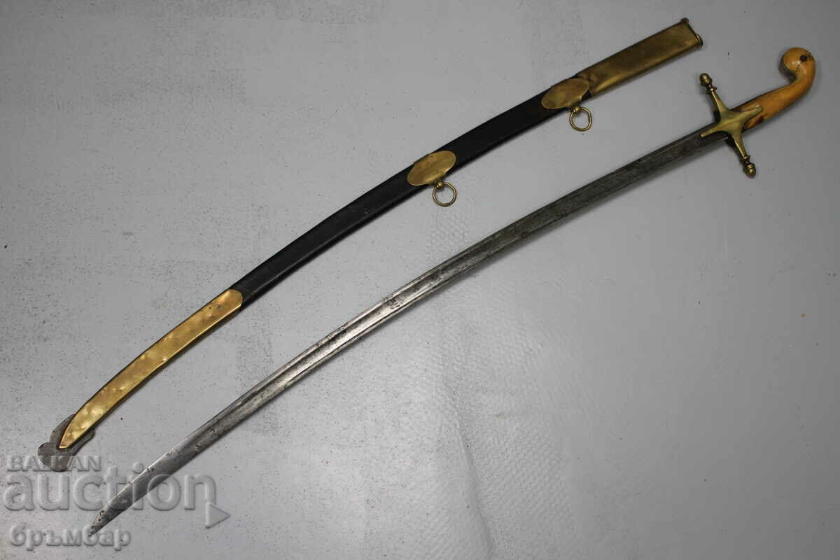 Ottoman officer's saber with leather scabbard. Engraved blade.