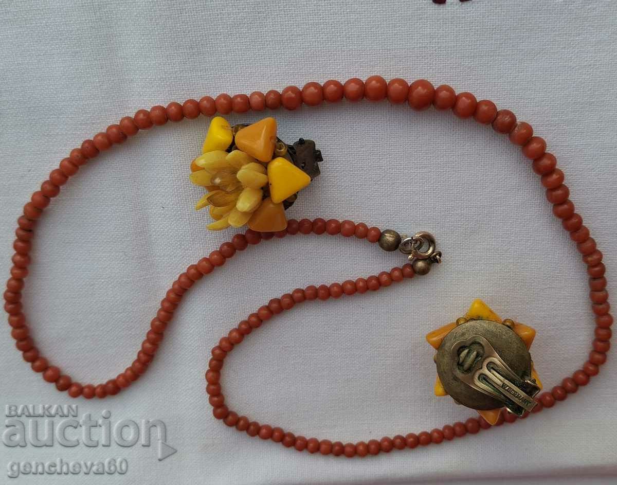 Old red coral necklace and amber earrings