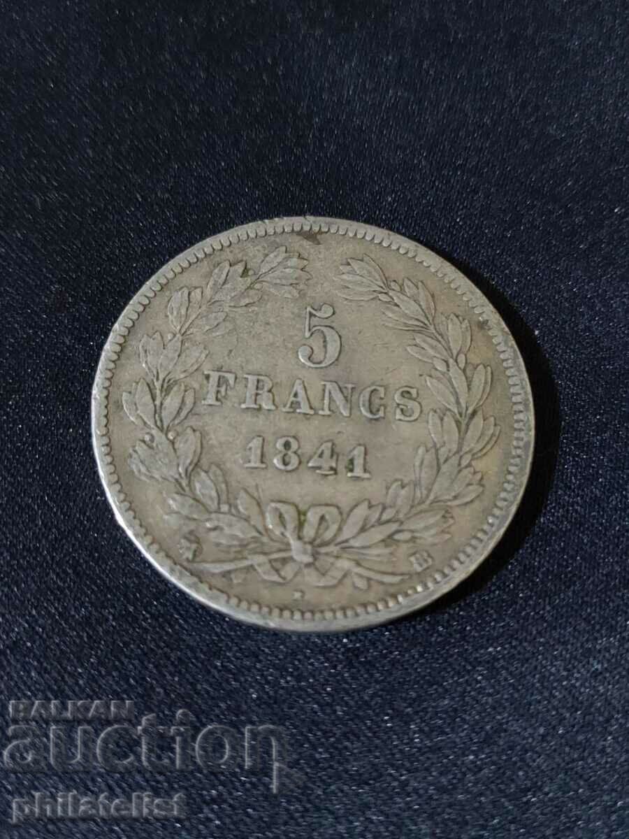 Franța 1841 - 5 Franci BB - Monedă de argint