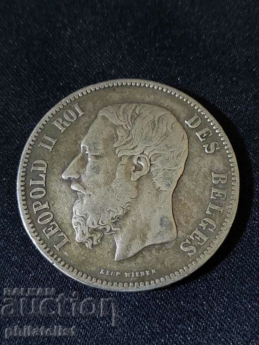 Belgium 1870 - 5 Francs - Leopold II Silver Coin #3