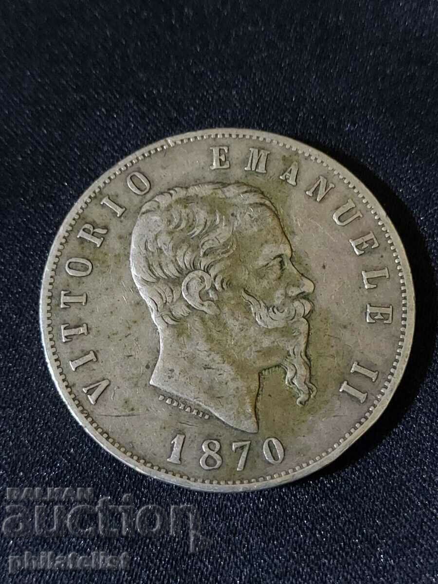 Italia 1870 - 5 lire - monedă de argint, Victor Emmanuel II