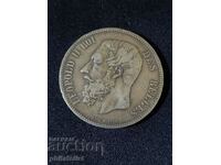 Belgia 1868 - 5 Franci - Moneda de argint Leopold al II-lea, #2