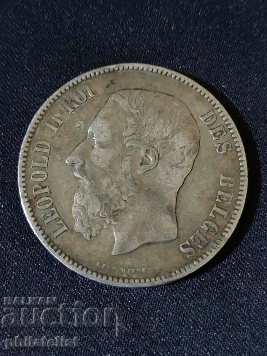 Belgia 1873 - 5 Franci - Moneda de argint Leopold al II-lea, #3