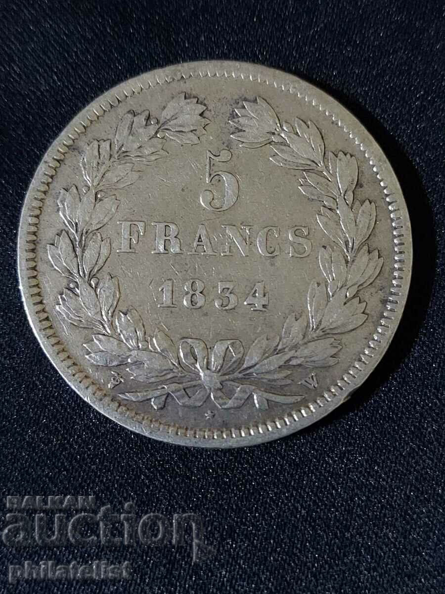 Franța 1834 W - 5 Franci - Monedă de argint #2