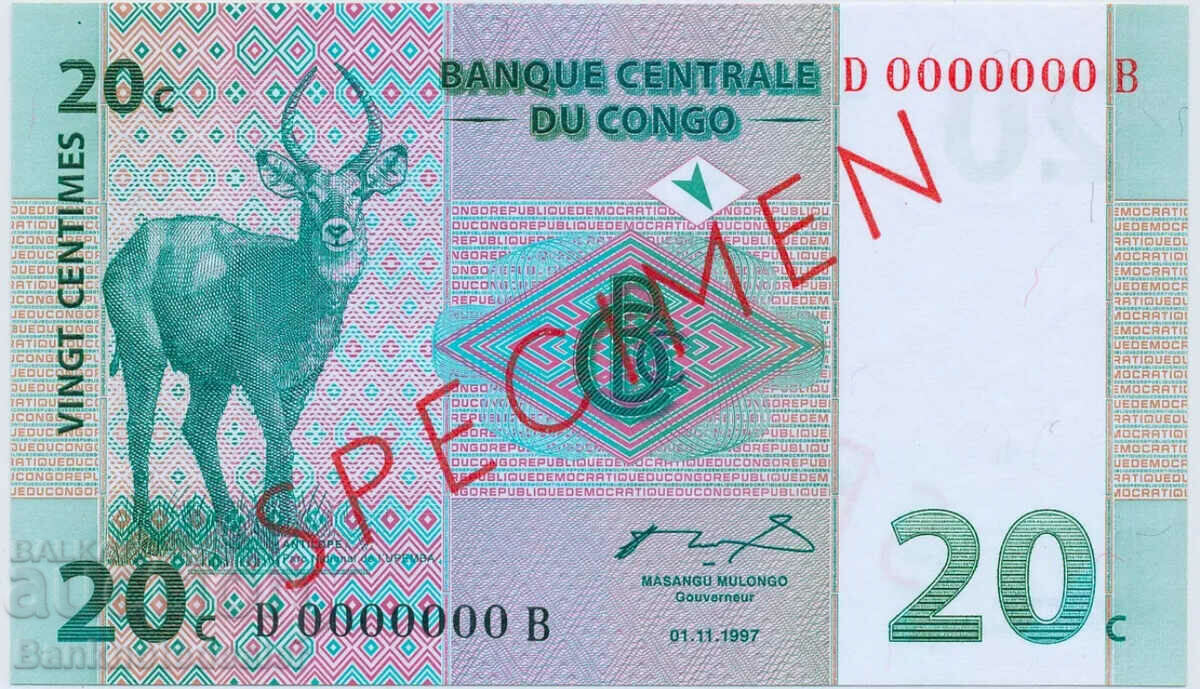 Congo Democratic Republic 20 Centimes 1997 SPECIMEN  Pick 83