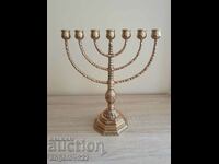 Large solid Jewish bronze menorah candle holder!