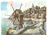 Old postcard - Nessebar, Windmill