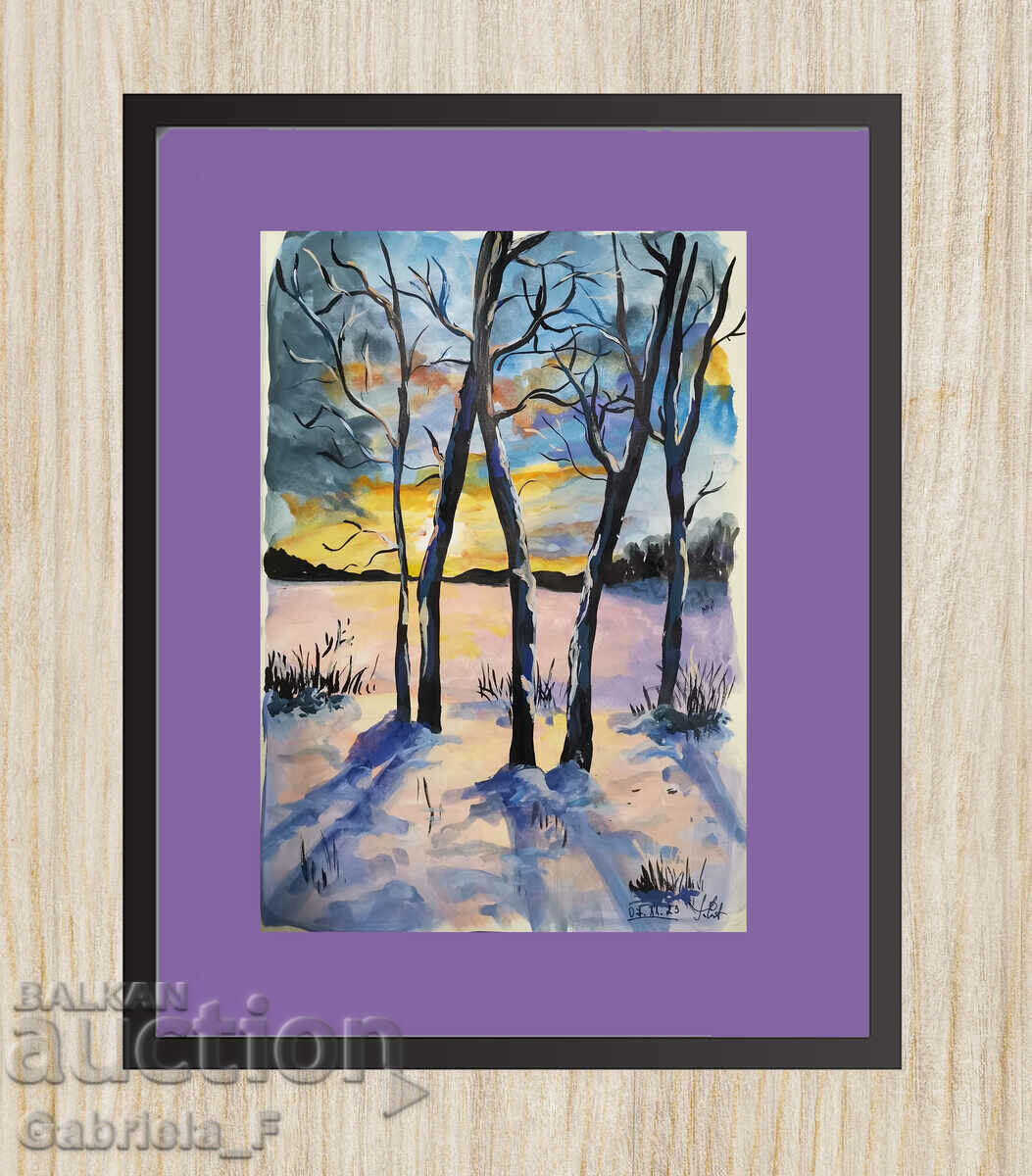 Winter, watercolor with passepartout and frame