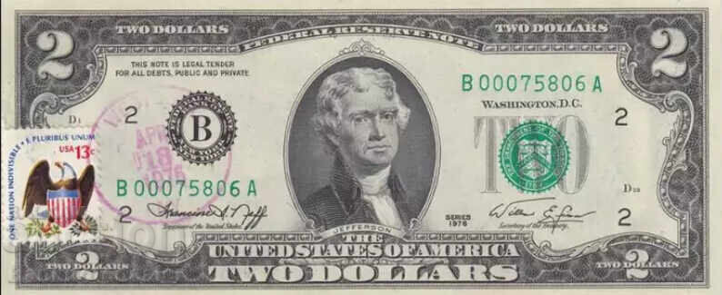USA 2 Dollars 1976 April 13 Pick 461 Ref 00075806 Unc