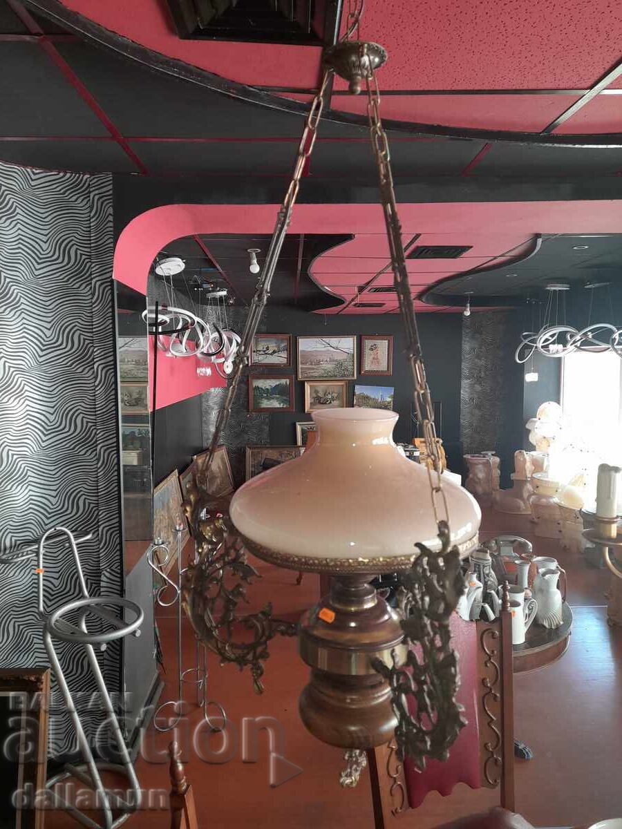 antique chandelier with brass details and wooden base - 6 antique chandelier with brass details and wooden base - 6