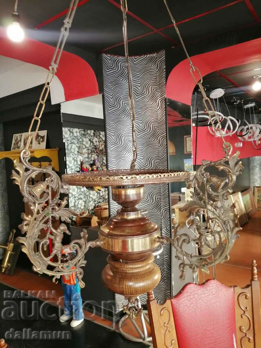 antique chandelier with brass details and wooden base - 7 antique chandelier with brass details and wooden base - 7