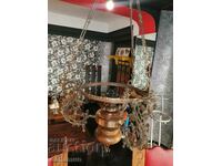 candelabru antic cu detalii din alama si baza din lemn