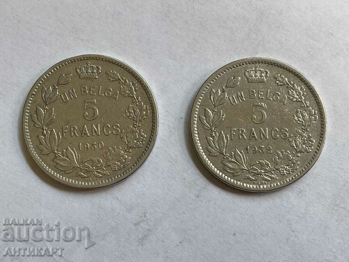 Belgia 2 monede de 5 franci 1930 și 1932