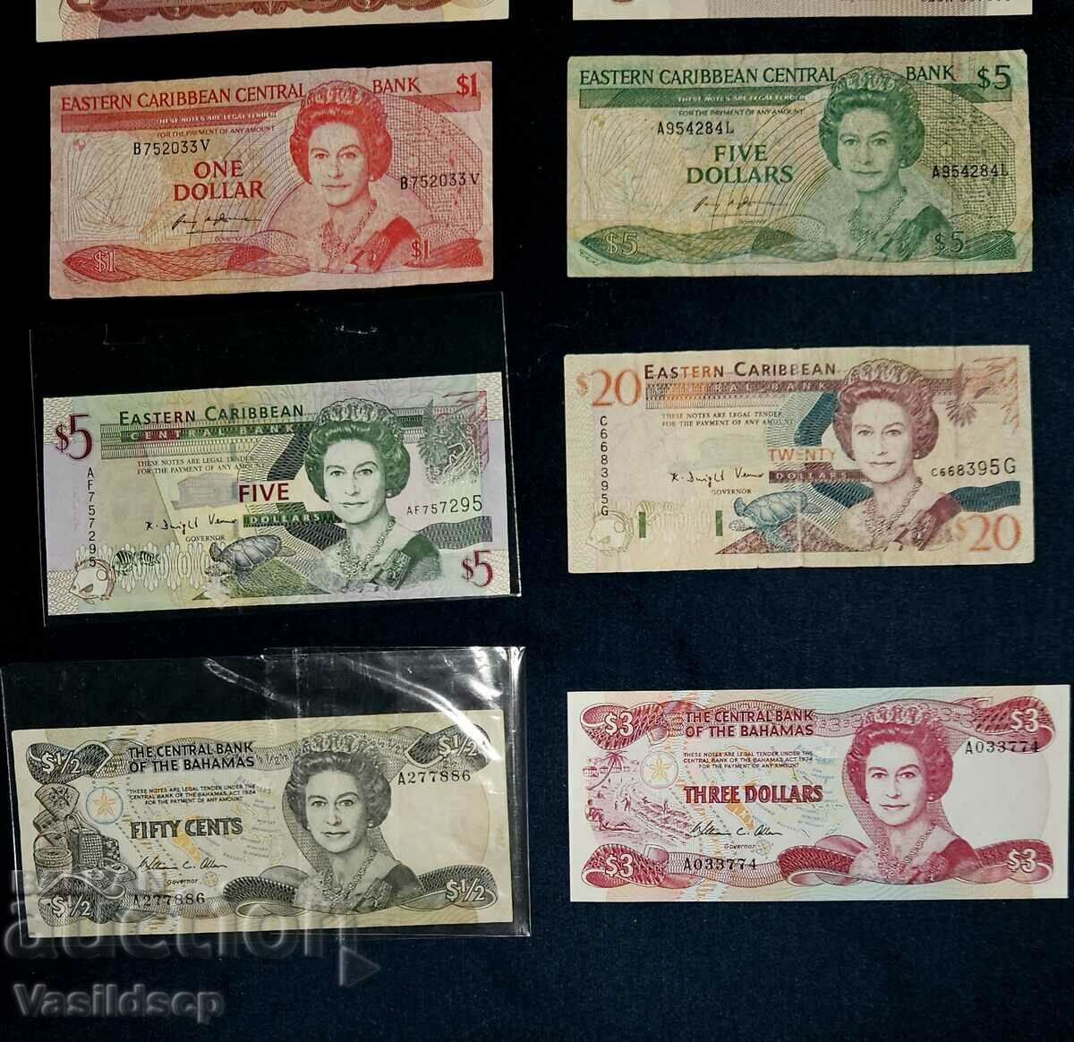 Elizabeth, Caribbean Bahamas. Lot of 6 banknotes