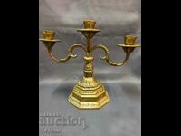 SOLID OLD BRONZE CANDLESTICK WITH ORNAMENTS- TRIPLE -45 YRS.