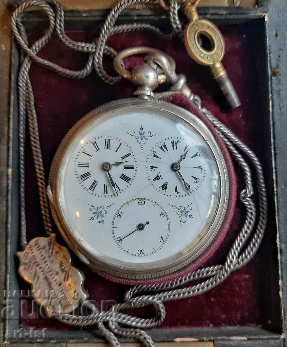 Captain's Silver Dual Time Zone Pocket Watch