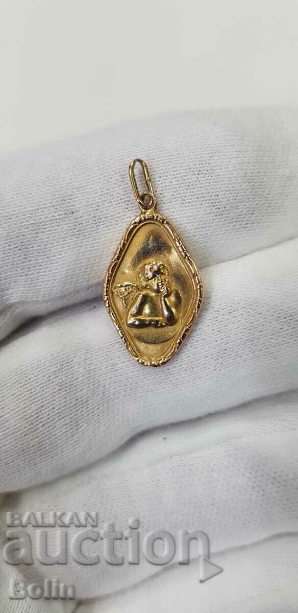 Gold European medallion, pendant with an Angel, Herovim 14 k