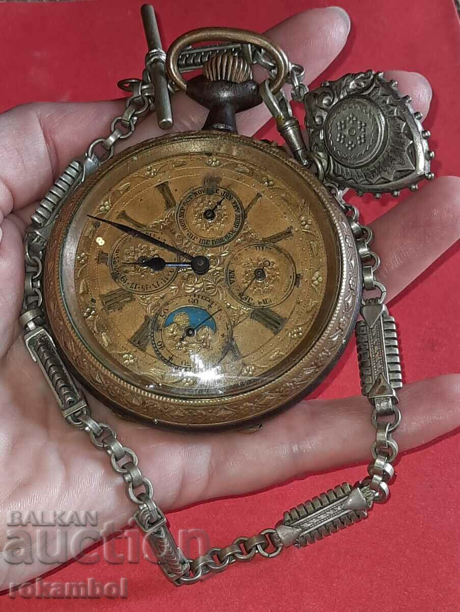 Swiss pocket watch, triple calendar with moon phase