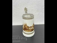 Porcelain mug with hunting scene and pewter lid. #5878