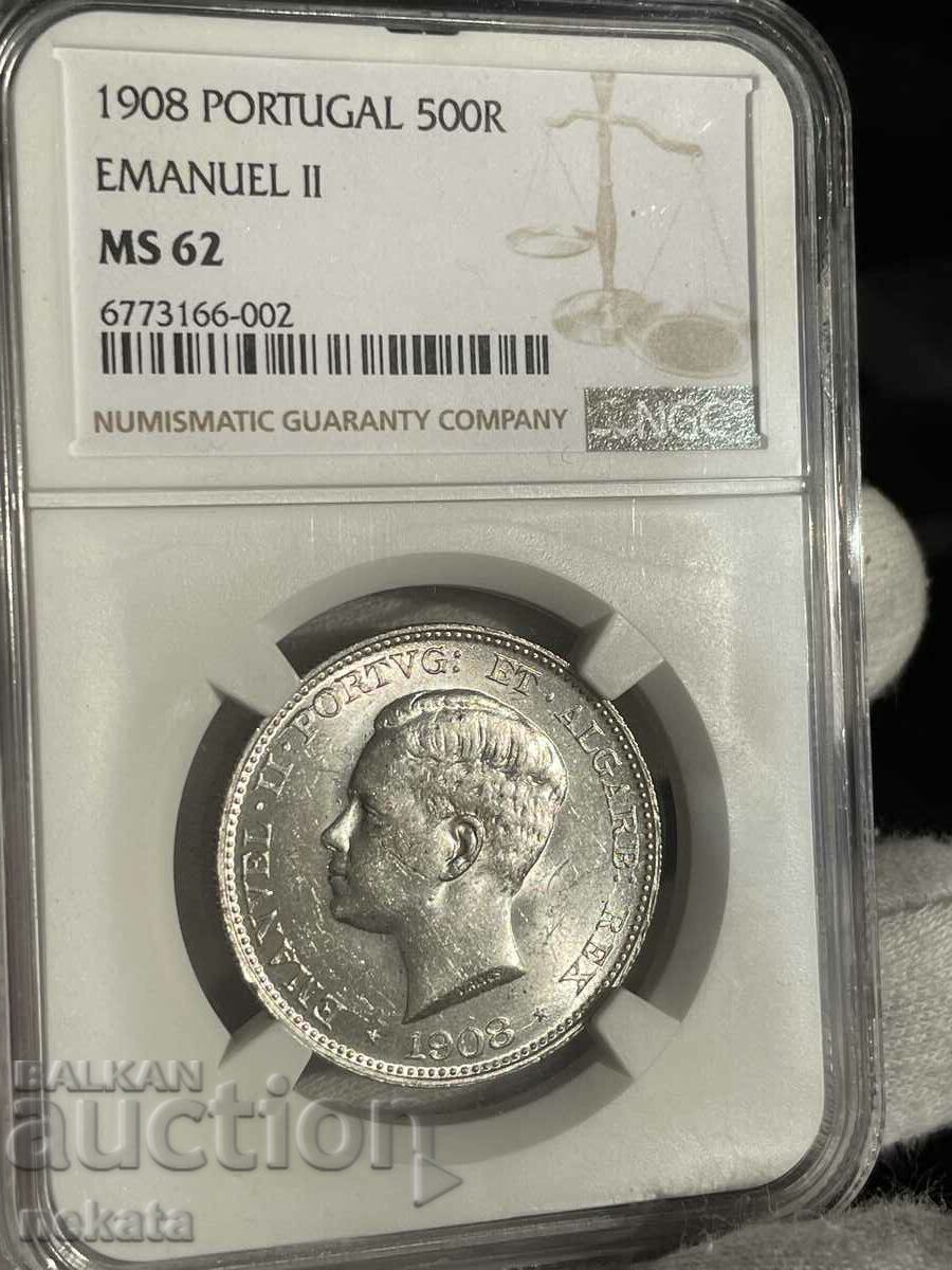 Portugal 500 Reis, 1908. NGC MS62