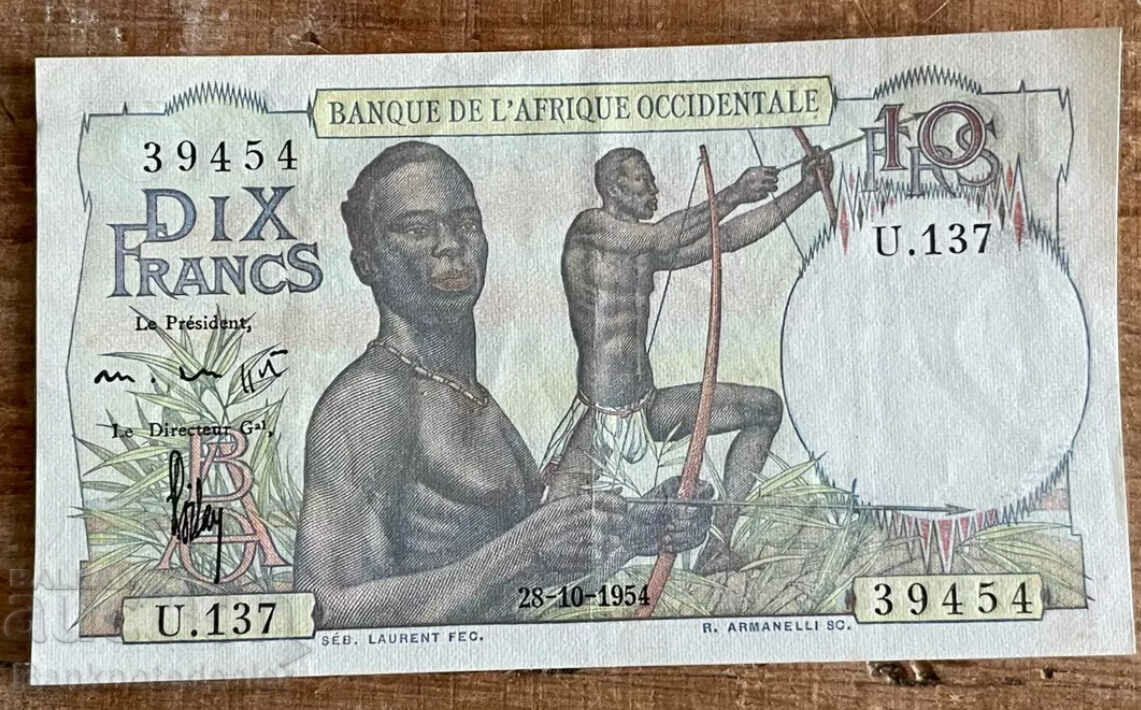 French West Africa 10 Francs 1954 Pick 37 Ref