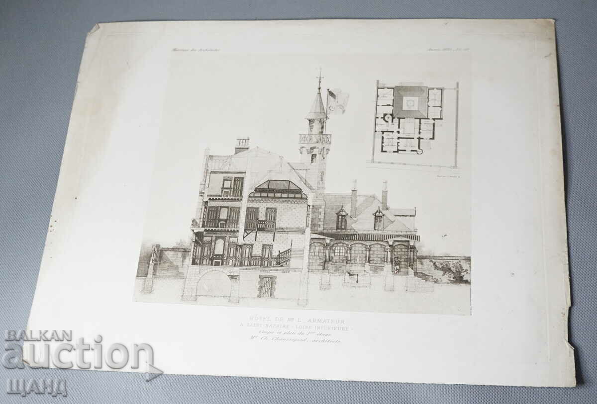 1895 France Architectural lithograph of Hotel Armateur