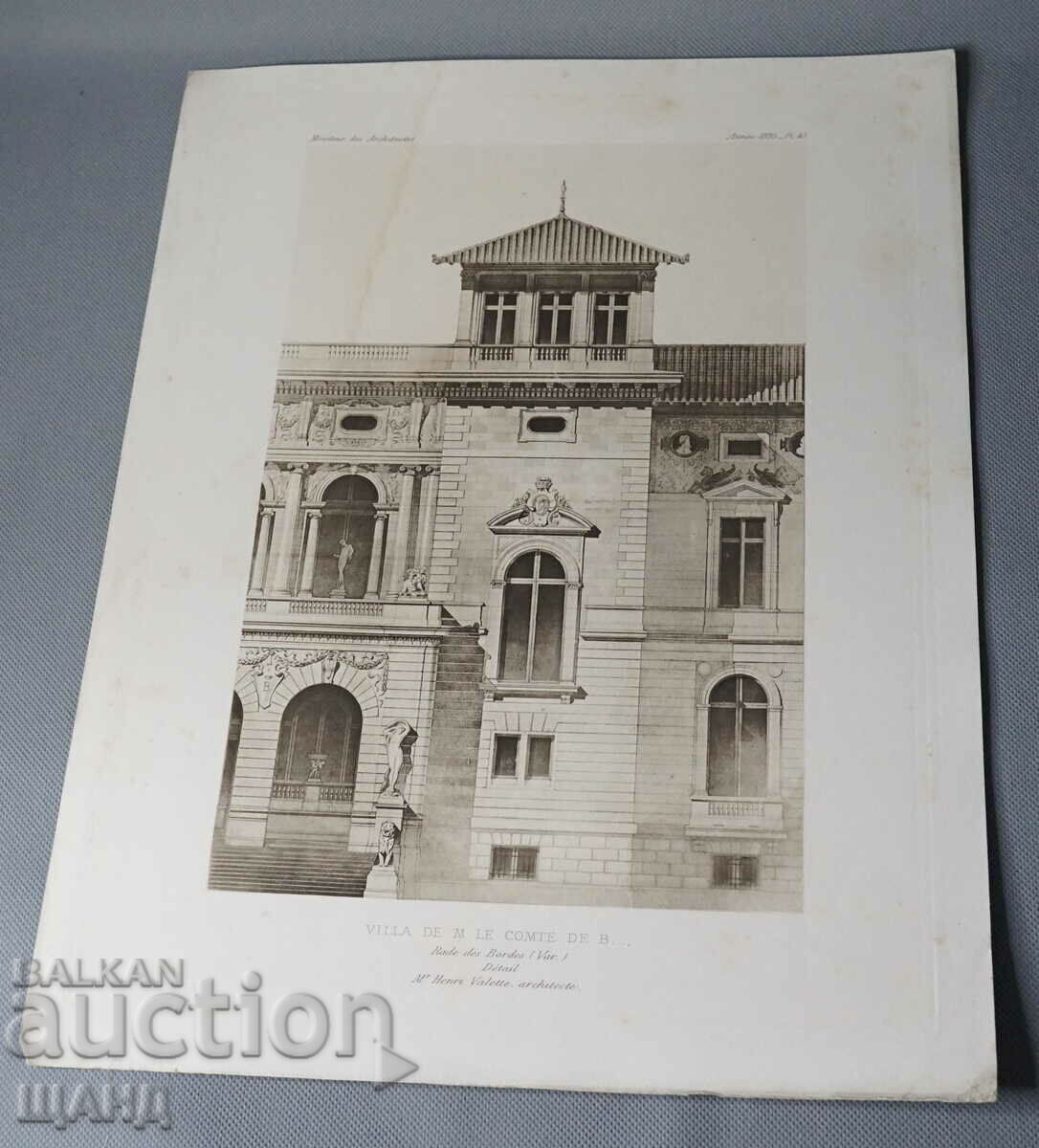 1895 France Architectural lithograph of a villa house