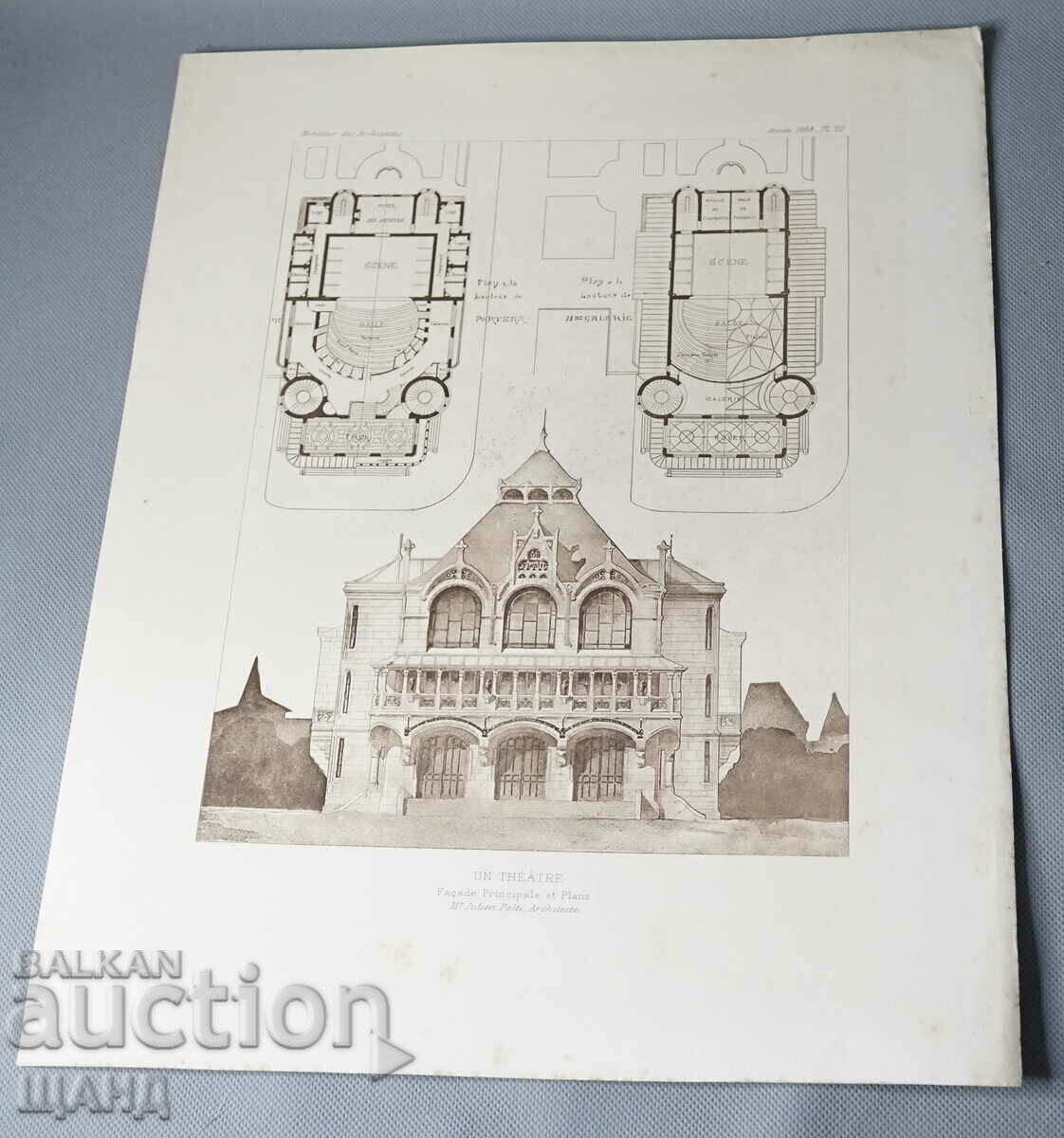 1897 France Architectural lithograph of Theatre