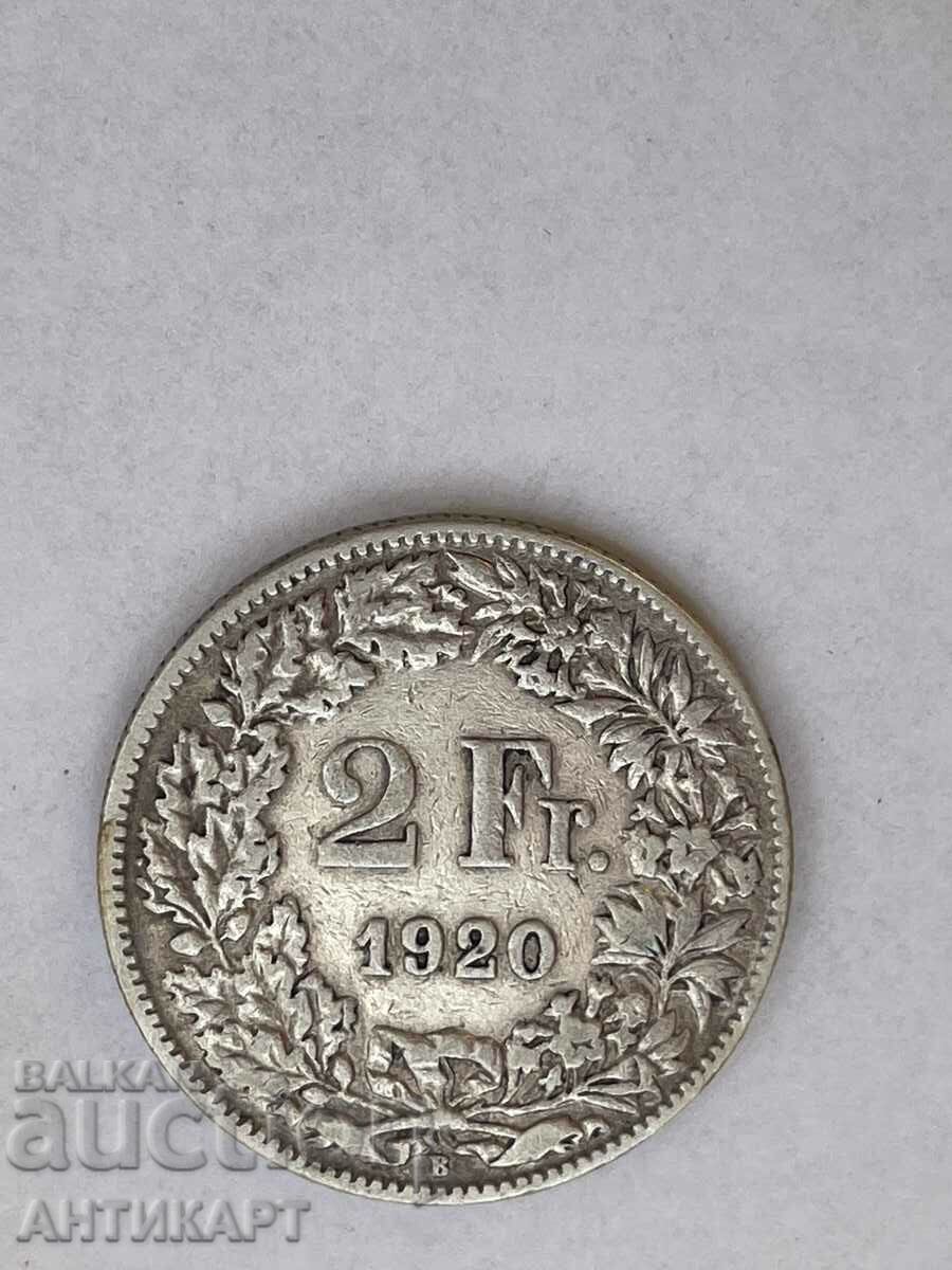 silver coin 2 francs Switzerland 1920 silver