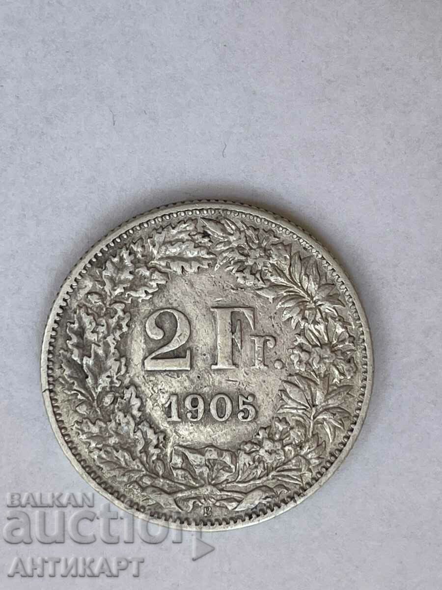 silver coin 2 francs Switzerland 1905 silver