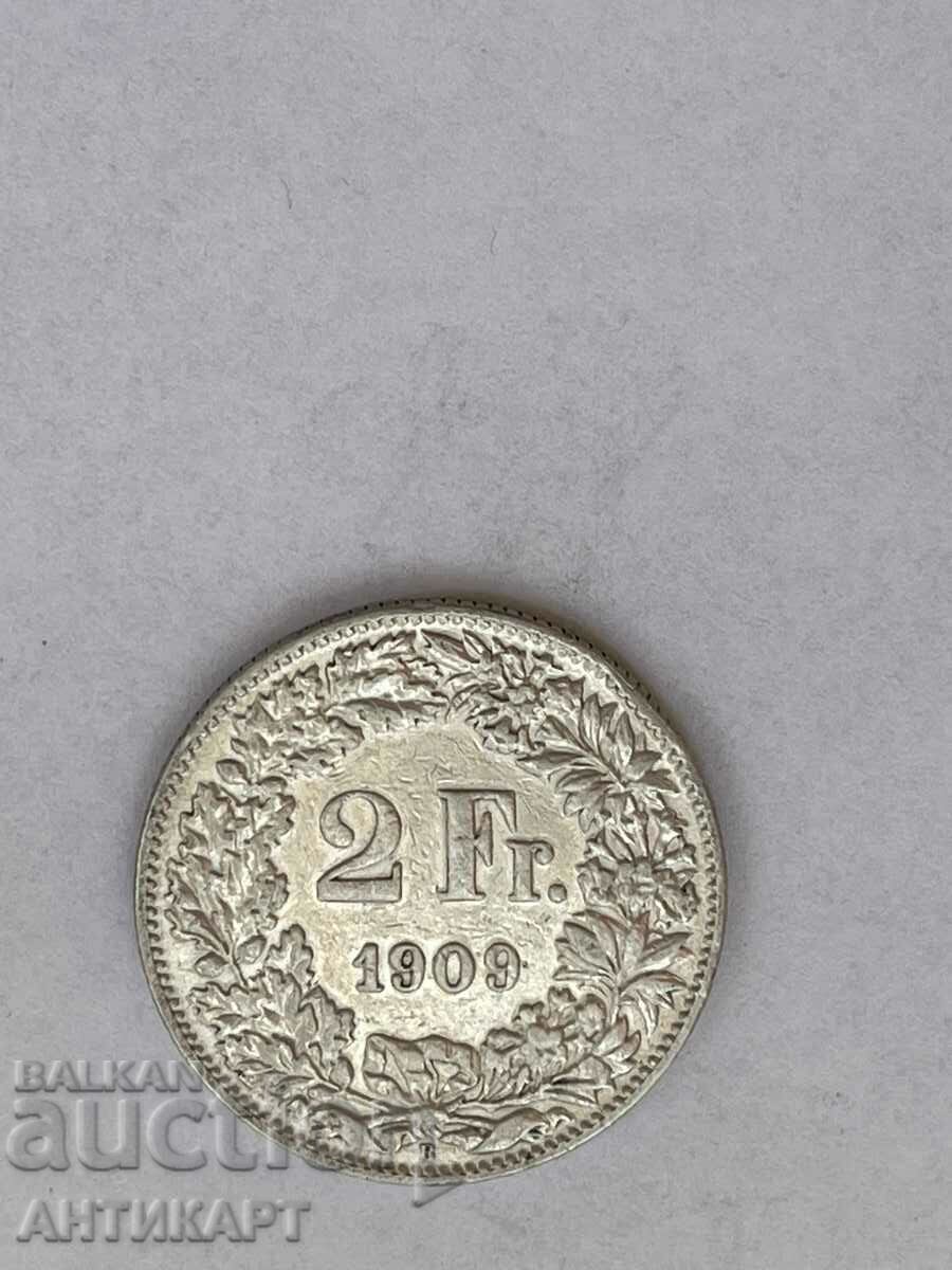 silver coin 2 francs Switzerland 1909 silver