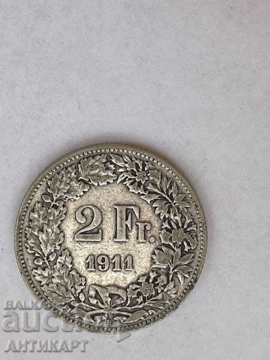 silver coin 2 francs Switzerland 1911 silver