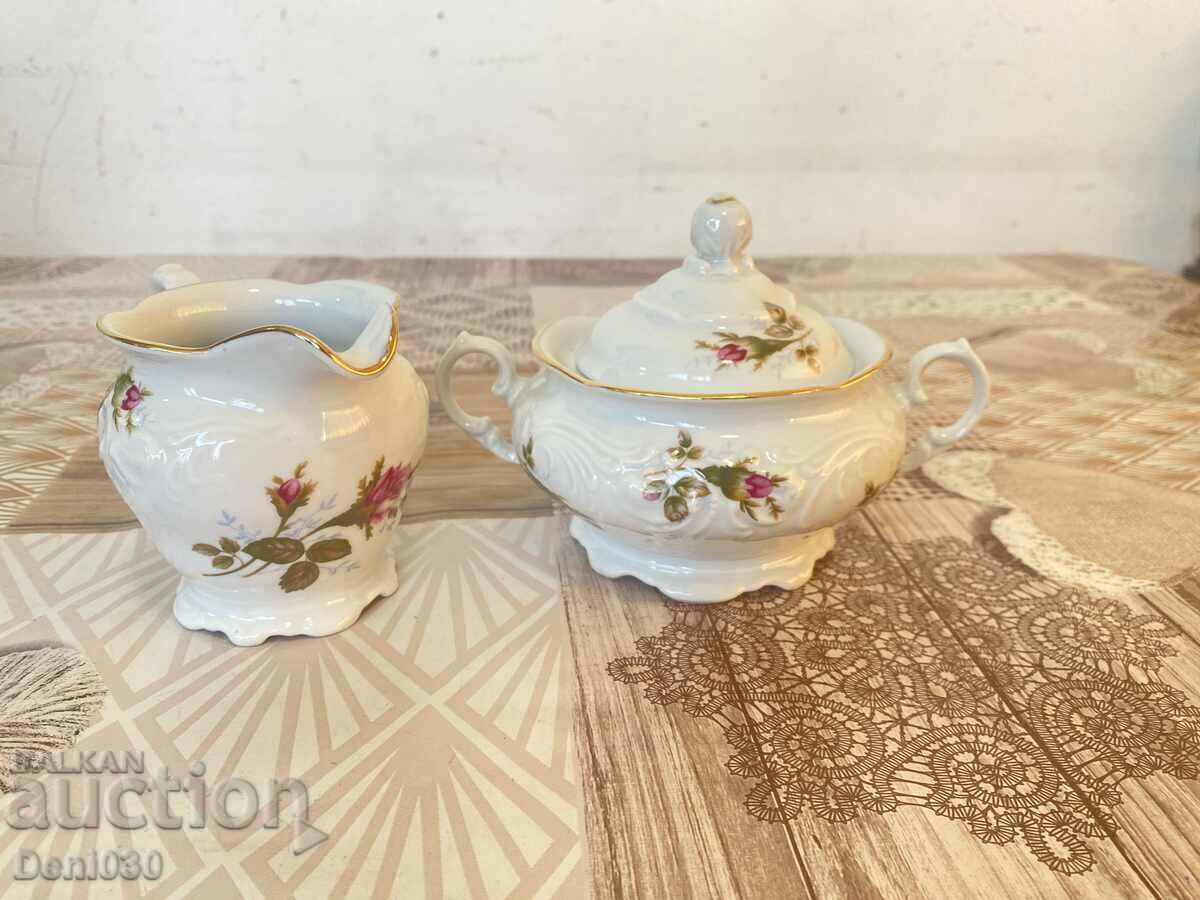 Beautiful porcelain Polish sugar bowl and jug with markings