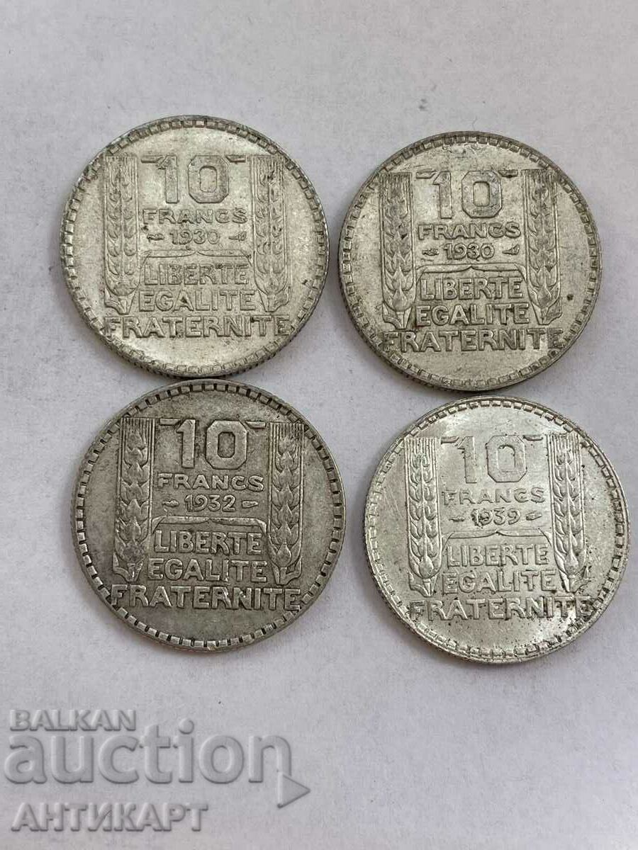 4 monede de argint 10 franci Franta 1930,1932,1939