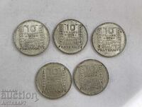 5 silver coins 10 francs France 1938,1939