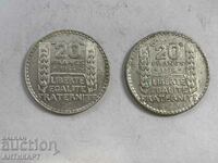 2 silver coins 20 francs France 1934 silver