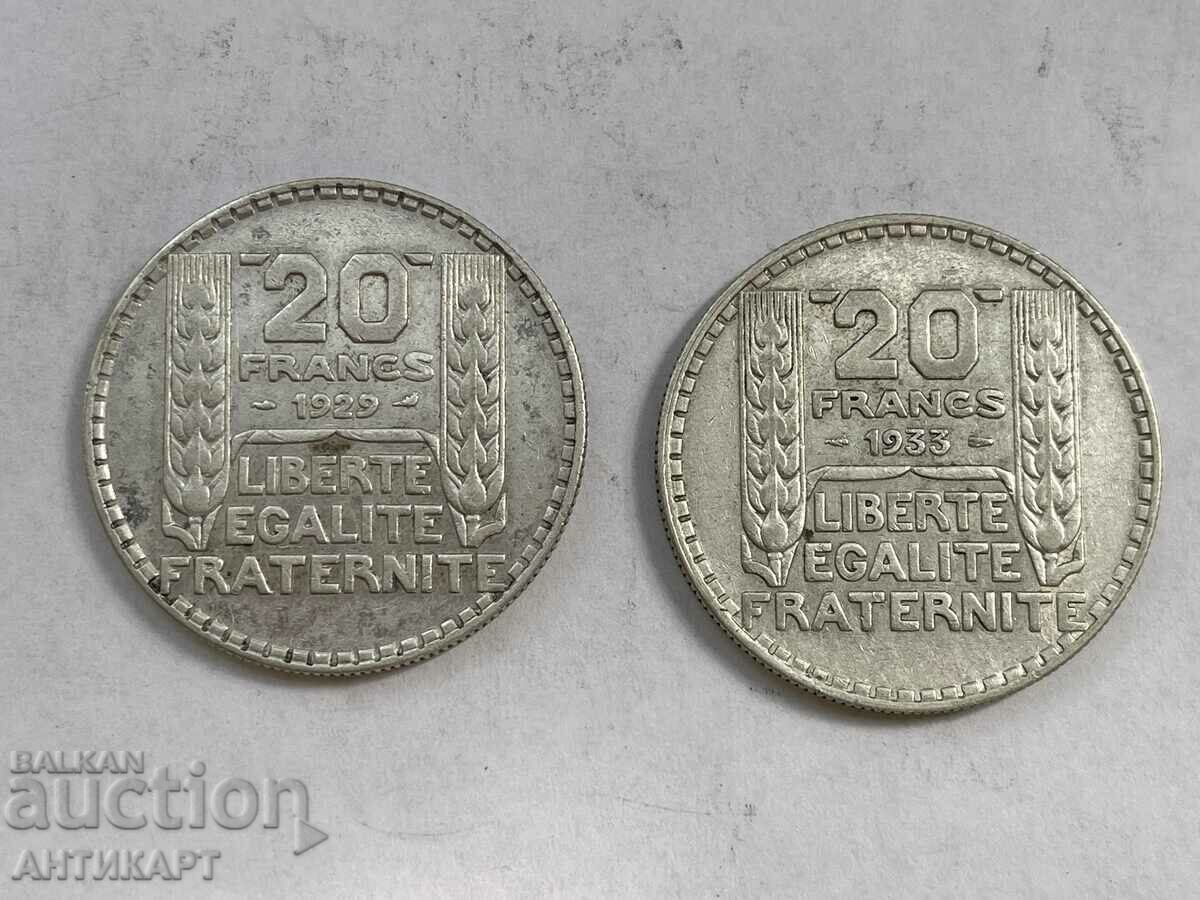 2 silver coins 20 francs France 1929,1933 silver